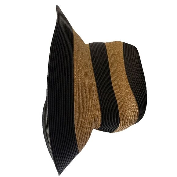 $240 New Eric Javits Women\'s Packable Stripe Bucket Straw Hat~ Black and Tan main image 5